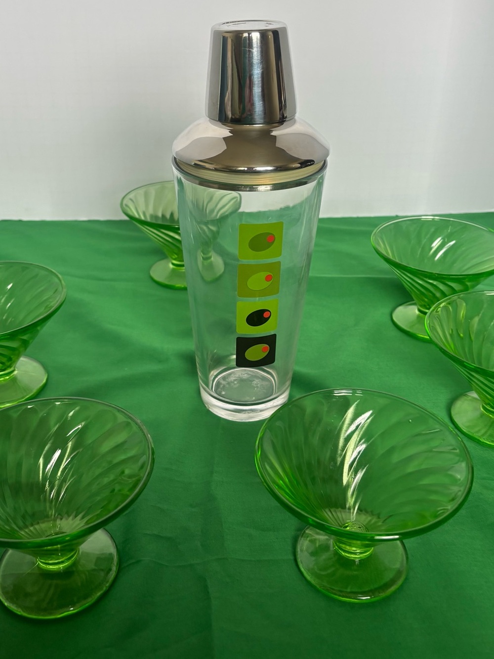 Five Green  uranium Olive Cocktail Shaker with Retro Olive Motif